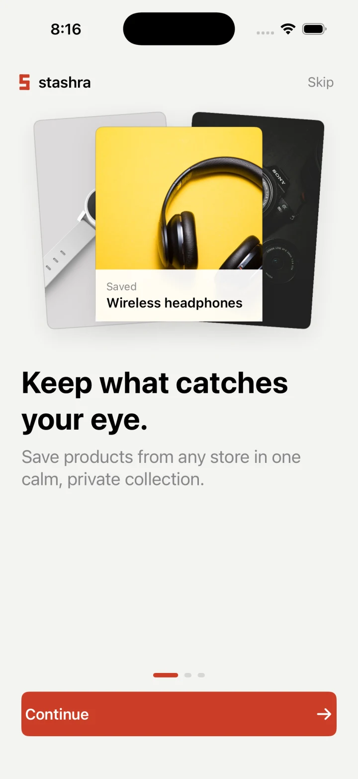Stashra on iPhone showing a private product collection during onboarding